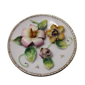 Vintage 3D Floral 5” Collectors Plate Porcelain White Gold Trim Wall Decor